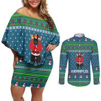 Merry Krampus Christmas Couples Matching Off Shoulder Short Dress and Long Sleeve Button Shirt Xmas Holiday Patterns - Wonder Print Shop
