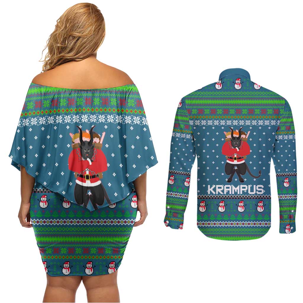 Merry Krampus Christmas Couples Matching Off Shoulder Short Dress and Long Sleeve Button Shirt Xmas Holiday Patterns - Wonder Print Shop
