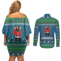 Merry Krampus Christmas Couples Matching Off Shoulder Short Dress and Long Sleeve Button Shirt Xmas Holiday Patterns - Wonder Print Shop