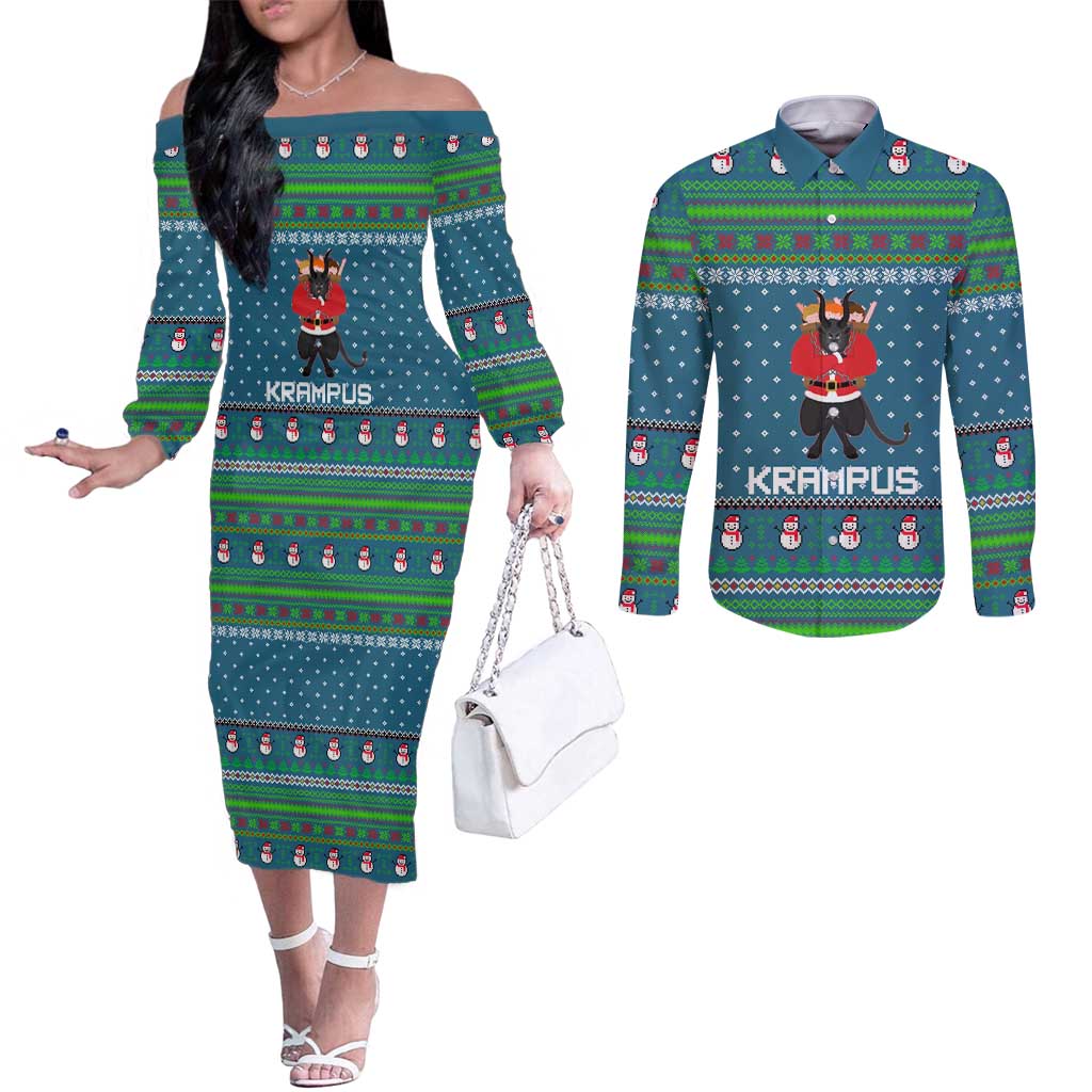 Merry Krampus Christmas Couples Matching Off The Shoulder Long Sleeve Dress and Long Sleeve Button Shirt Xmas Holiday Patterns - Wonder Print Shop