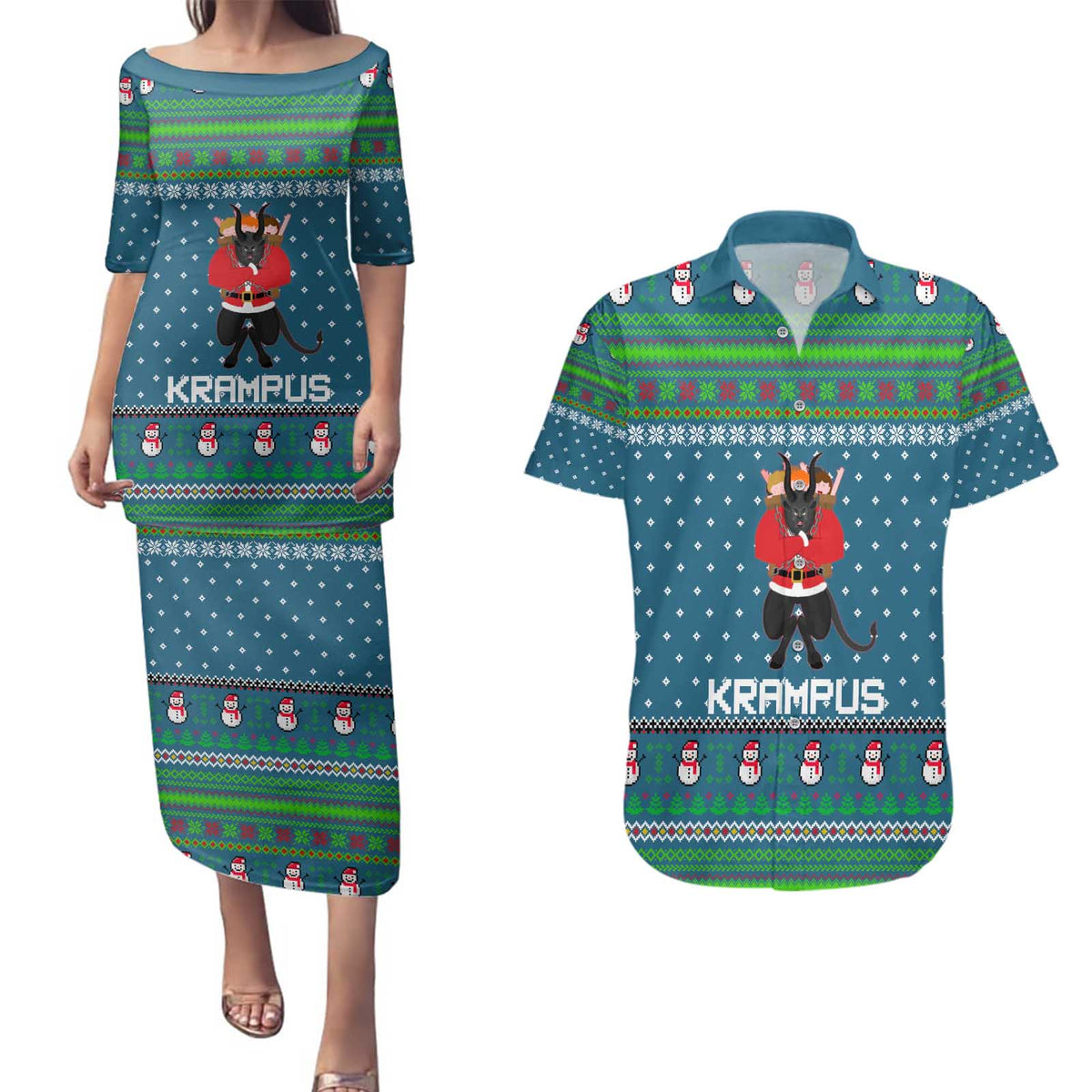 Merry Krampus Christmas Couples Matching Puletasi and Hawaiian Shirt Xmas Holiday Patterns - Wonder Print Shop