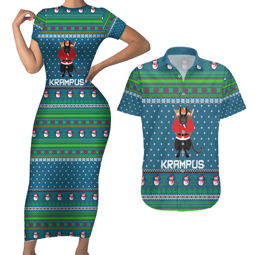 Merry Krampus Christmas Couples Matching Short Sleeve Bodycon Dress and Hawaiian Shirt Xmas Holiday Patterns - Wonder Print Shop