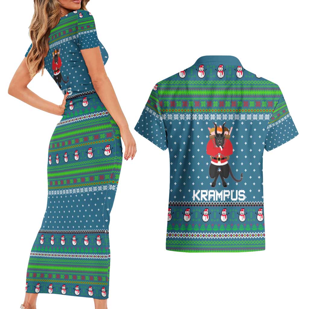 Merry Krampus Christmas Couples Matching Short Sleeve Bodycon Dress and Hawaiian Shirt Xmas Holiday Patterns - Wonder Print Shop