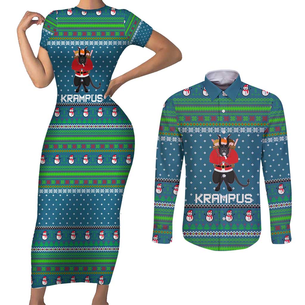 Merry Krampus Christmas Couples Matching Short Sleeve Bodycon Dress and Long Sleeve Button Shirt Xmas Holiday Patterns - Wonder Print Shop