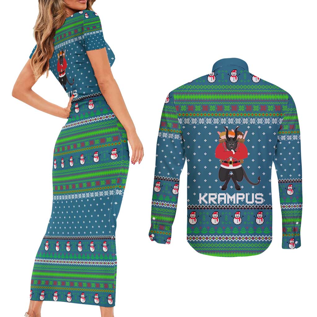 Merry Krampus Christmas Couples Matching Short Sleeve Bodycon Dress and Long Sleeve Button Shirt Xmas Holiday Patterns - Wonder Print Shop