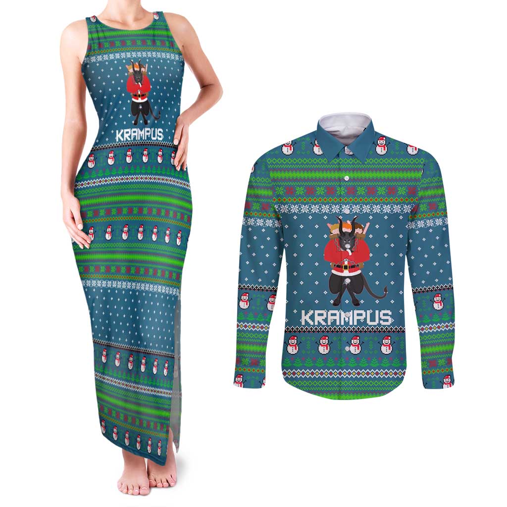 Merry Krampus Christmas Couples Matching Tank Maxi Dress and Long Sleeve Button Shirt Xmas Holiday Patterns - Wonder Print Shop