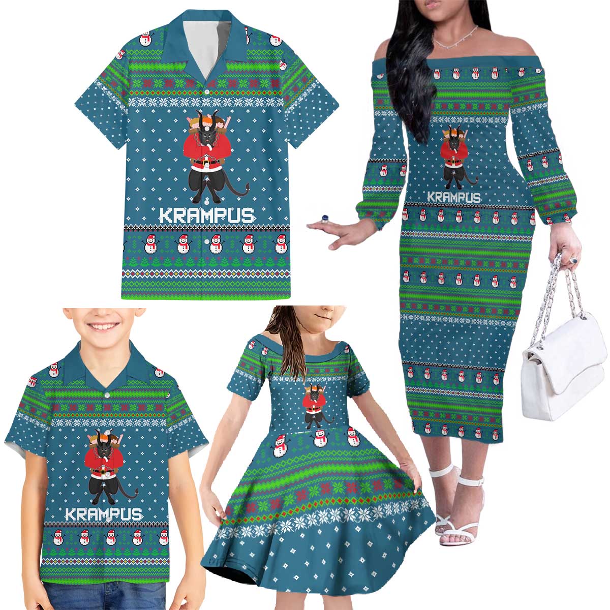 Merry Krampus Christmas Family Matching Off The Shoulder Long Sleeve Dress and Hawaiian Shirt Xmas Holiday Patterns - Wonder Print Shop