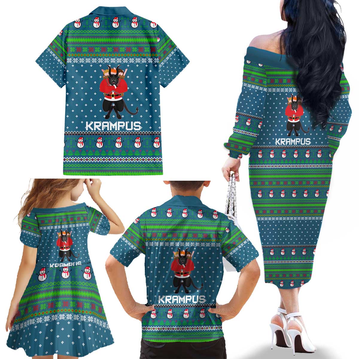 Merry Krampus Christmas Family Matching Off The Shoulder Long Sleeve Dress and Hawaiian Shirt Xmas Holiday Patterns - Wonder Print Shop