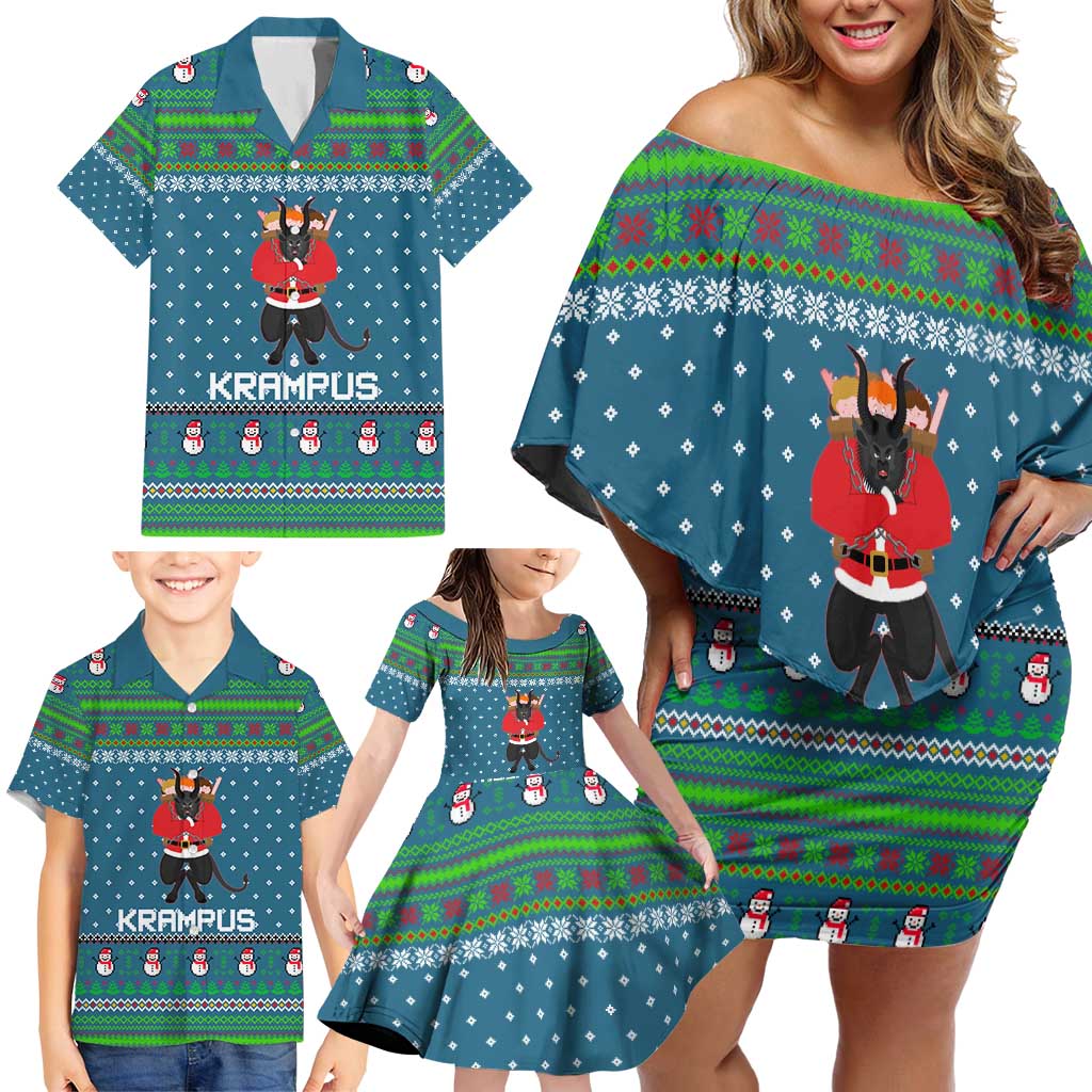 Merry Krampus Christmas Family Matching Off Shoulder Short Dress and Hawaiian Shirt Xmas Holiday Patterns - Wonder Print Shop