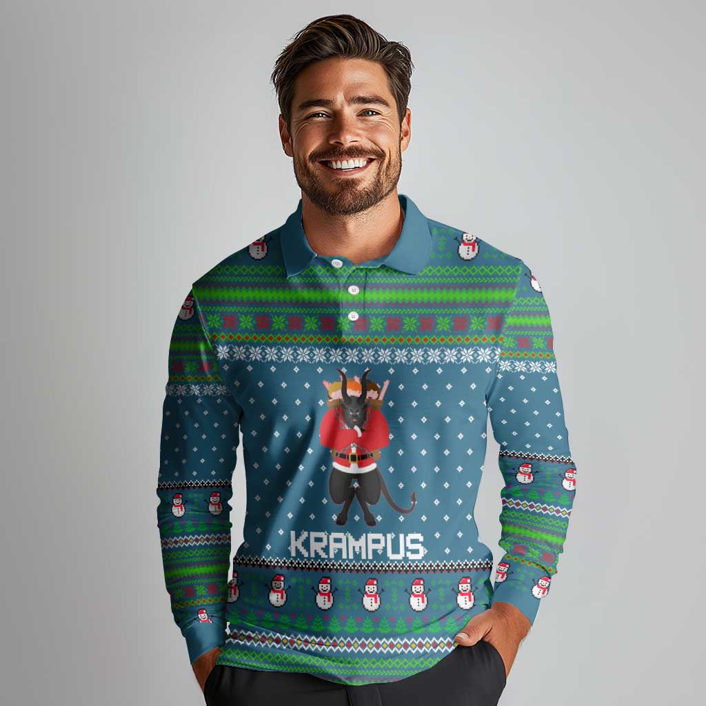 Merry Krampus Christmas Long Sleeve Polo Shirt Xmas Holiday Patterns - Wonder Print Shop