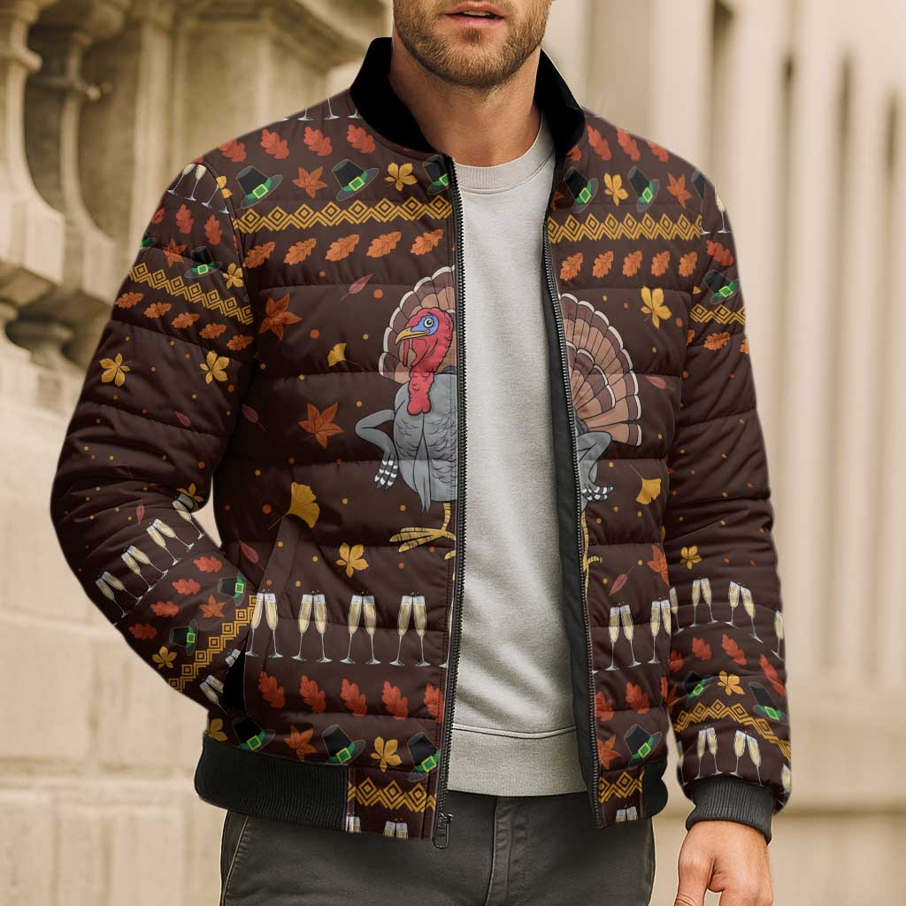 Turkey And WIne Christmas Bomber Puffer Jacket Xmas Holiday Patterns - Wonder Print Shop