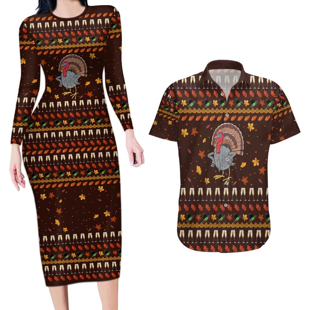 Turkey And WIne Christmas Couples Matching Long Sleeve Bodycon Dress and Hawaiian Shirt Xmas Holiday Patterns - Wonder Print Shop