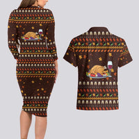 Turkey And WIne Christmas Couples Matching Long Sleeve Bodycon Dress and Hawaiian Shirt Xmas Holiday Patterns - Wonder Print Shop