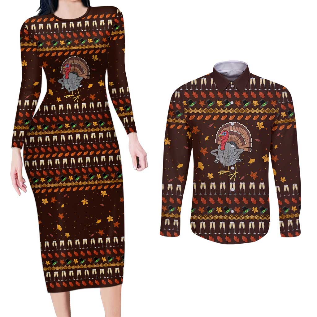 Turkey And WIne Christmas Couples Matching Long Sleeve Bodycon Dress and Long Sleeve Button Shirt Xmas Holiday Patterns - Wonder Print Shop