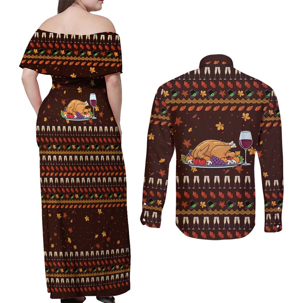 Turkey And WIne Christmas Couples Matching Off Shoulder Maxi Dress and Long Sleeve Button Shirt Xmas Holiday Patterns - Wonder Print Shop