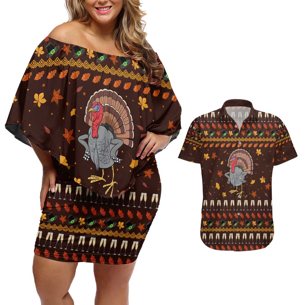 Turkey And WIne Christmas Couples Matching Off Shoulder Short Dress and Hawaiian Shirt Xmas Holiday Patterns - Wonder Print Shop