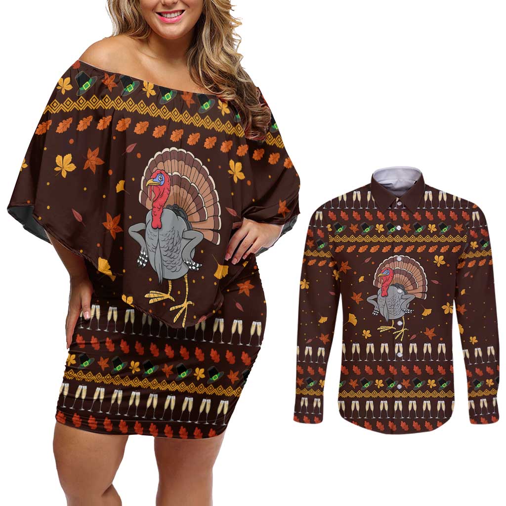 Turkey And WIne Christmas Couples Matching Off Shoulder Short Dress and Long Sleeve Button Shirt Xmas Holiday Patterns - Wonder Print Shop