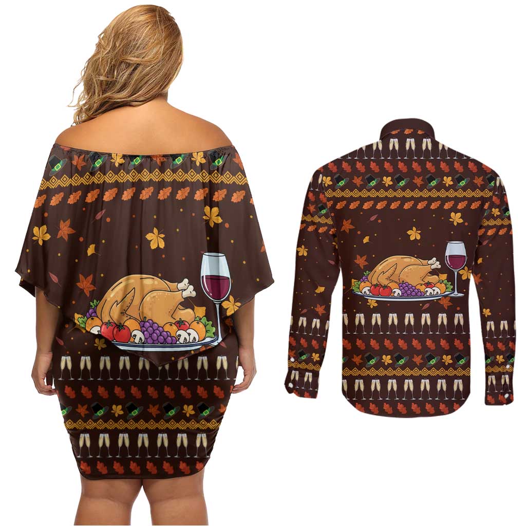 Turkey And WIne Christmas Couples Matching Off Shoulder Short Dress and Long Sleeve Button Shirt Xmas Holiday Patterns - Wonder Print Shop