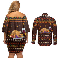 Turkey And WIne Christmas Couples Matching Off Shoulder Short Dress and Long Sleeve Button Shirt Xmas Holiday Patterns - Wonder Print Shop