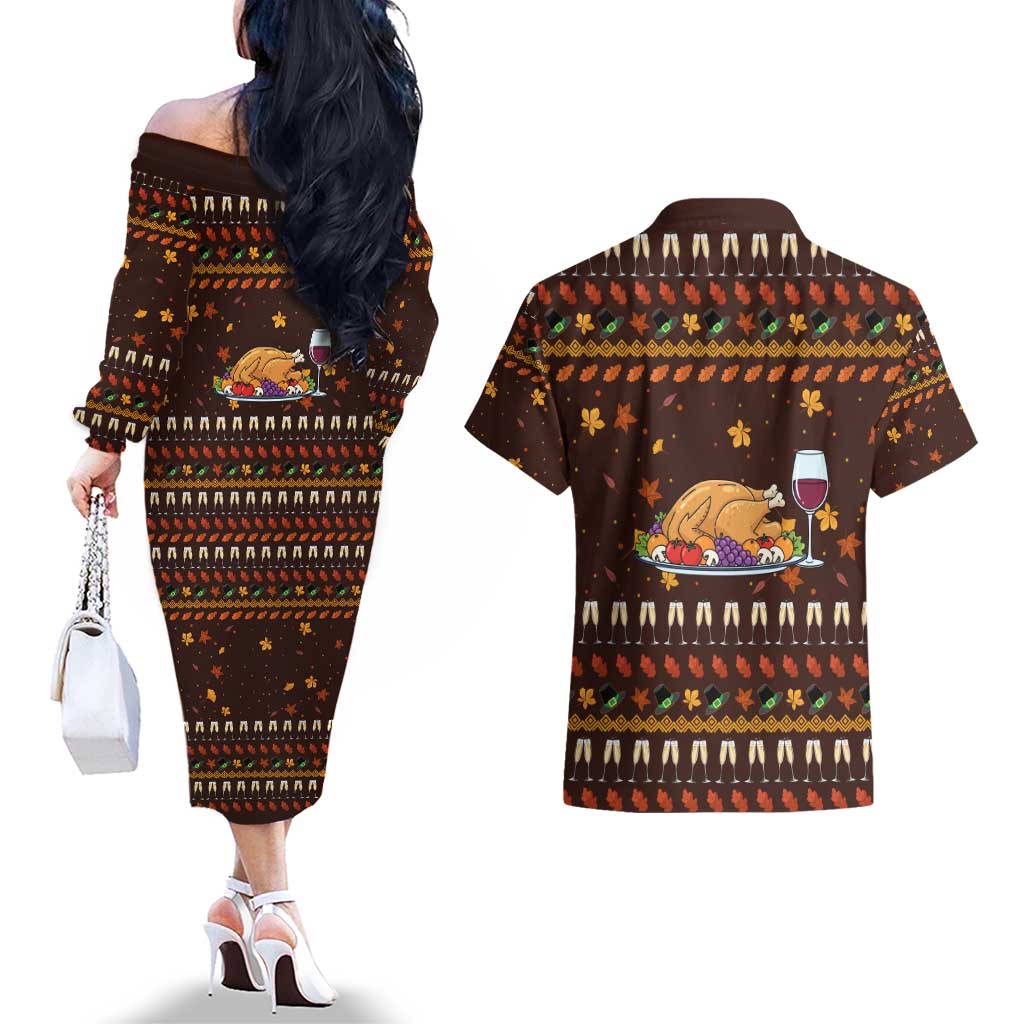 Turkey And WIne Christmas Couples Matching Off The Shoulder Long Sleeve Dress and Hawaiian Shirt Xmas Holiday Patterns - Wonder Print Shop