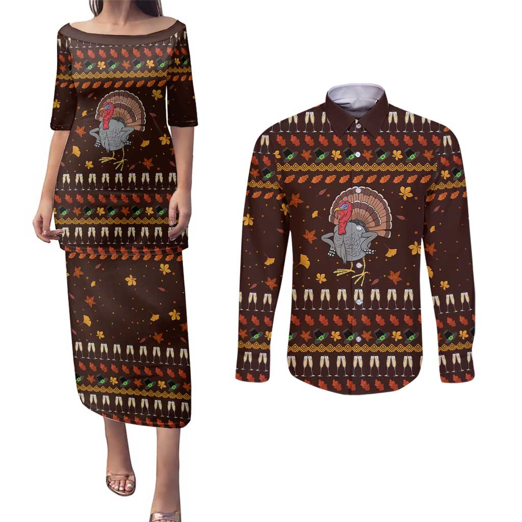 Turkey And WIne Christmas Couples Matching Puletasi and Long Sleeve Button Shirt Xmas Holiday Patterns - Wonder Print Shop