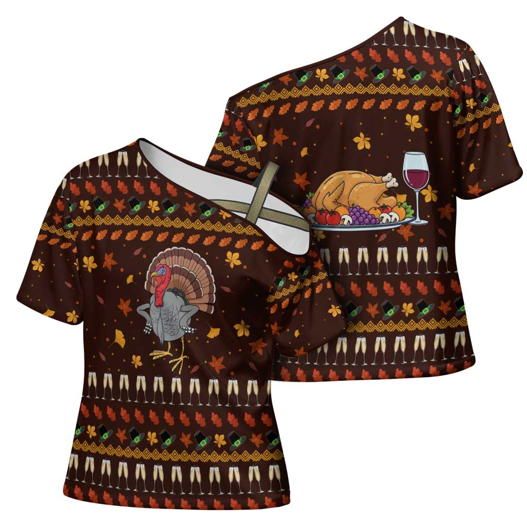 Turkey And WIne Christmas Cross Shoulder Shirt Xmas Holiday Patterns - Wonder Print Shop