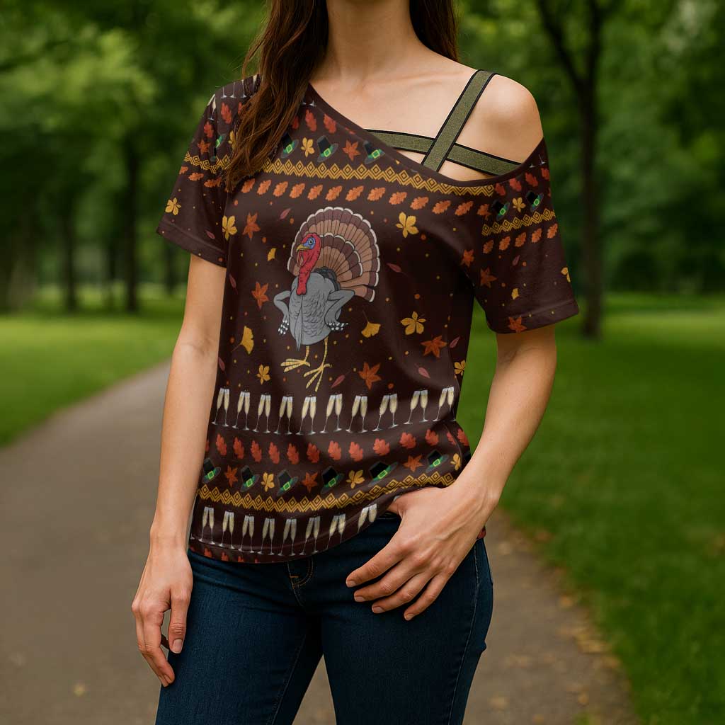 Turkey And WIne Christmas Cross Shoulder Shirt Xmas Holiday Patterns - Wonder Print Shop