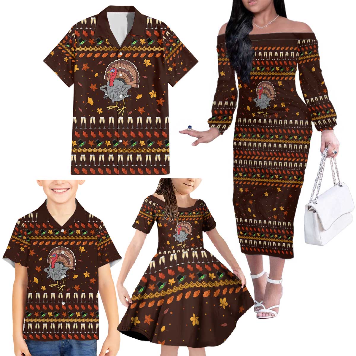 Turkey And WIne Christmas Family Matching Off The Shoulder Long Sleeve Dress and Hawaiian Shirt Xmas Holiday Patterns - Wonder Print Shop