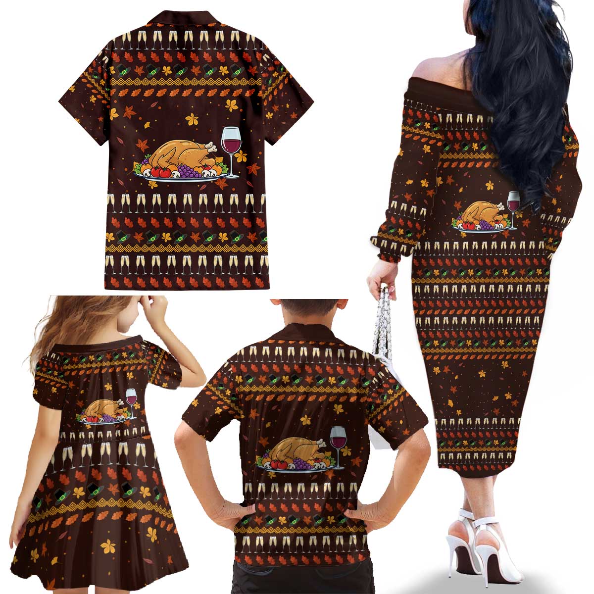 Turkey And WIne Christmas Family Matching Off The Shoulder Long Sleeve Dress and Hawaiian Shirt Xmas Holiday Patterns - Wonder Print Shop