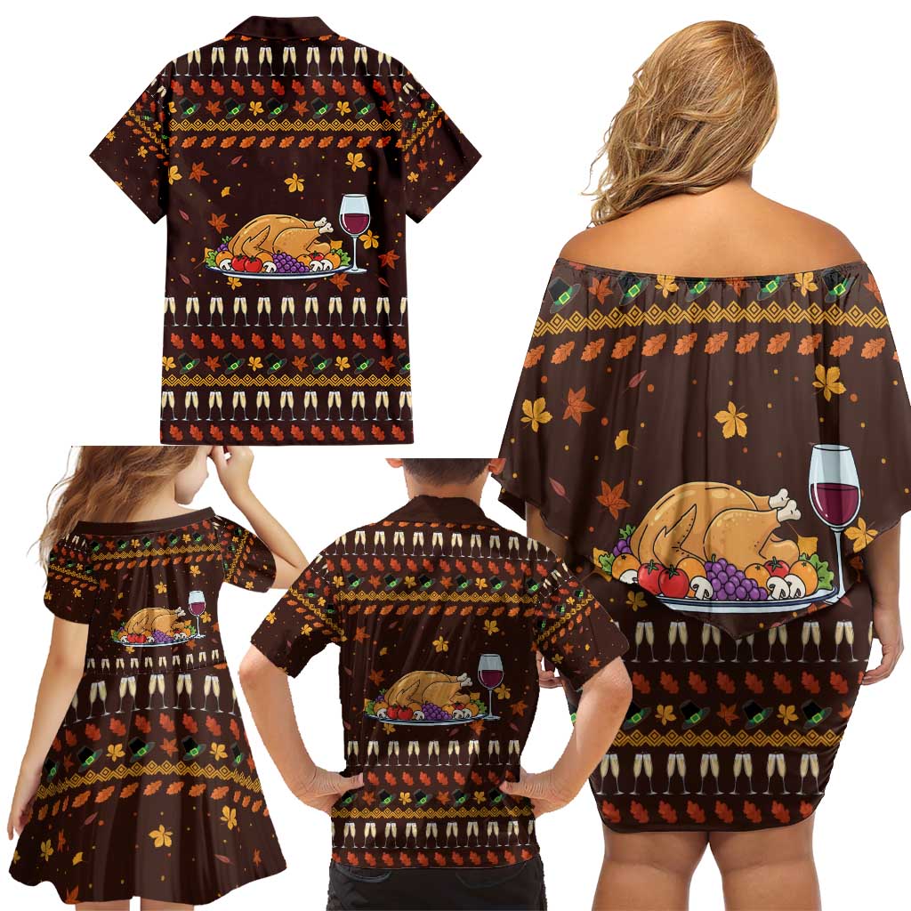 Turkey And WIne Christmas Family Matching Off Shoulder Short Dress and Hawaiian Shirt Xmas Holiday Patterns - Wonder Print Shop