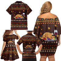 Turkey And WIne Christmas Family Matching Off Shoulder Short Dress and Hawaiian Shirt Xmas Holiday Patterns - Wonder Print Shop