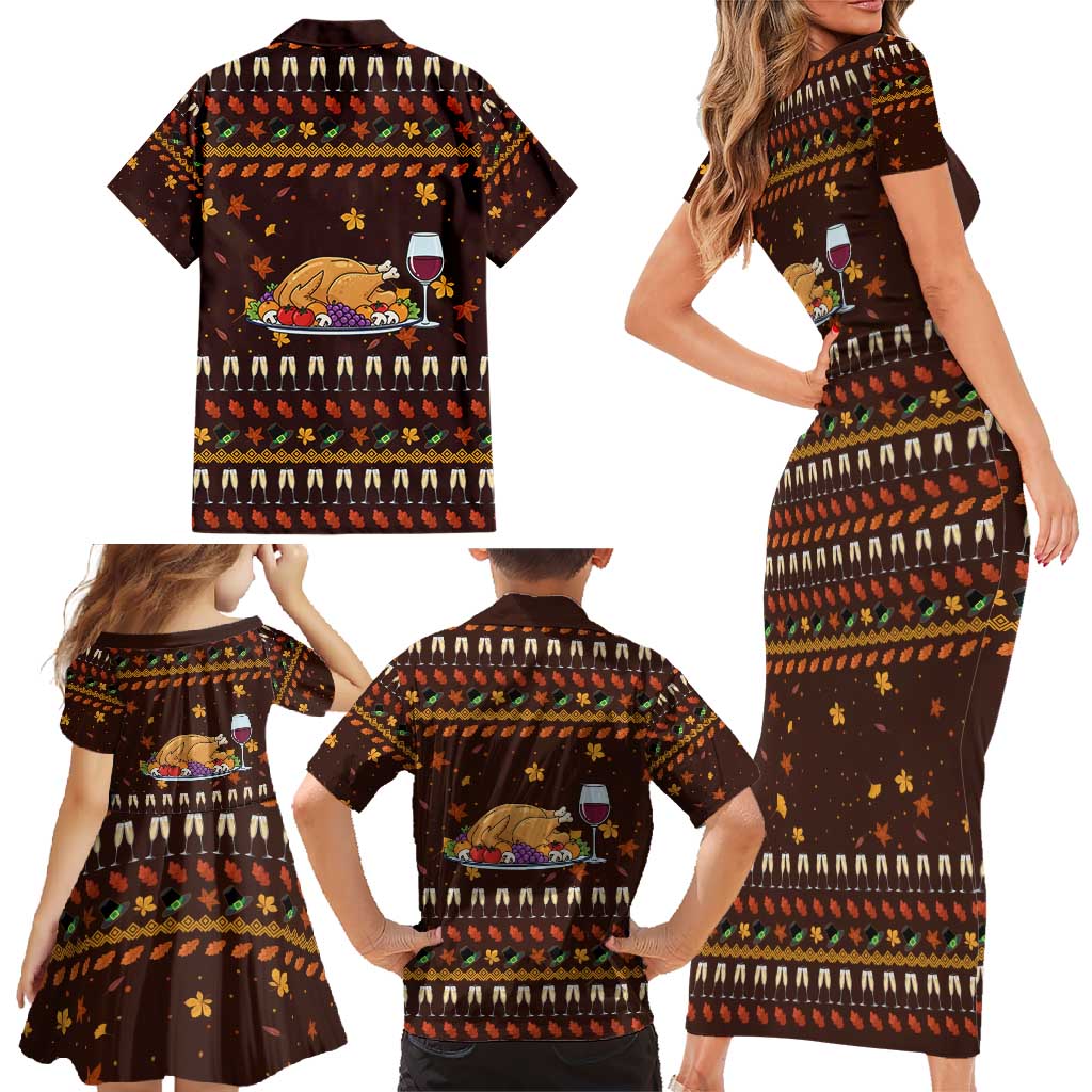 Turkey And WIne Christmas Family Matching Short Sleeve Bodycon Dress and Hawaiian Shirt Xmas Holiday Patterns - Wonder Print Shop