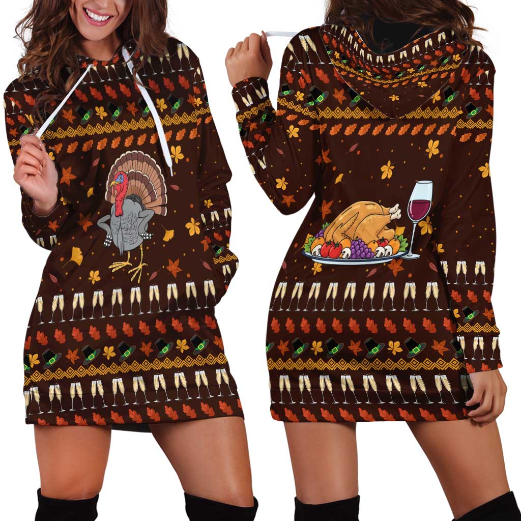 Turkey And WIne Christmas Hoodie Dress Xmas Holiday Patterns - Wonder Print Shop