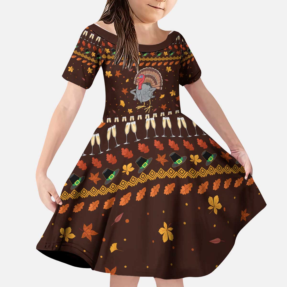 Turkey And WIne Christmas Kid Short Sleeve Dress Xmas Holiday Patterns - Wonder Print Shop