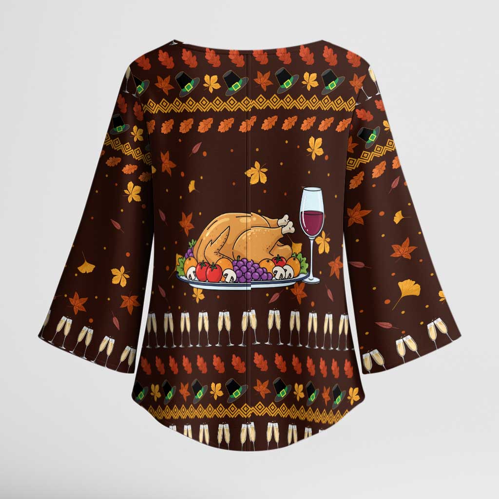 Turkey And WIne Christmas Kimono Sleeve Blouse Xmas Holiday Patterns - Wonder Print Shop