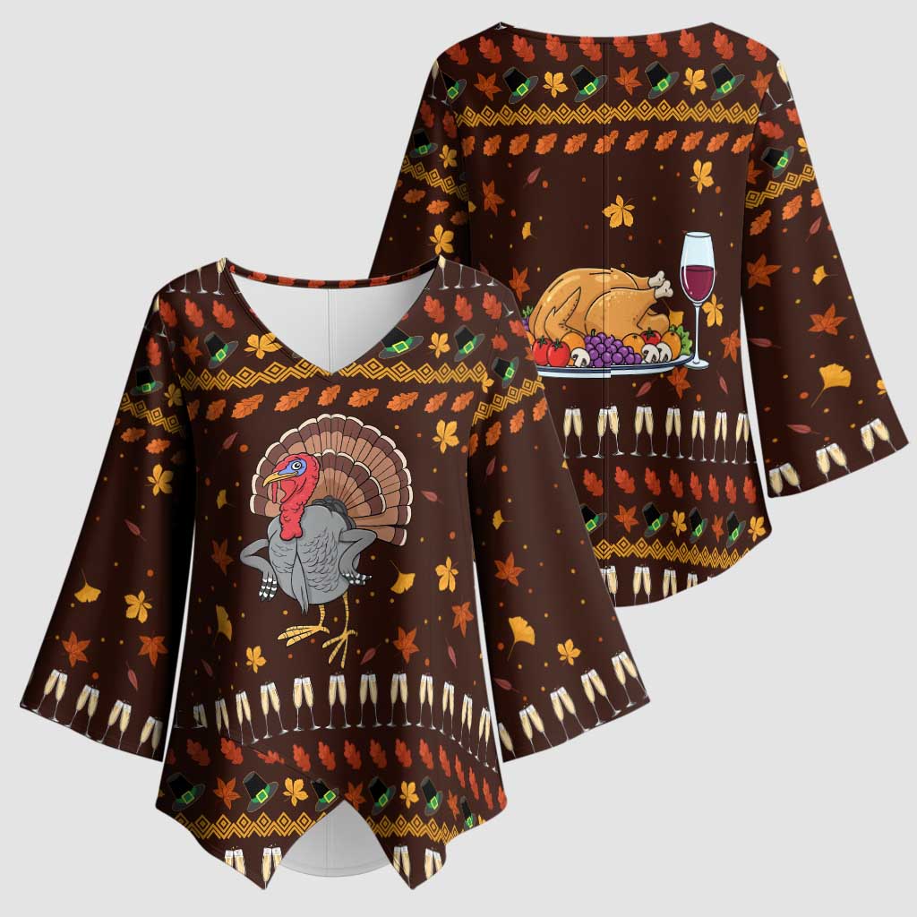Turkey And WIne Christmas Kimono Sleeve Blouse Xmas Holiday Patterns - Wonder Print Shop