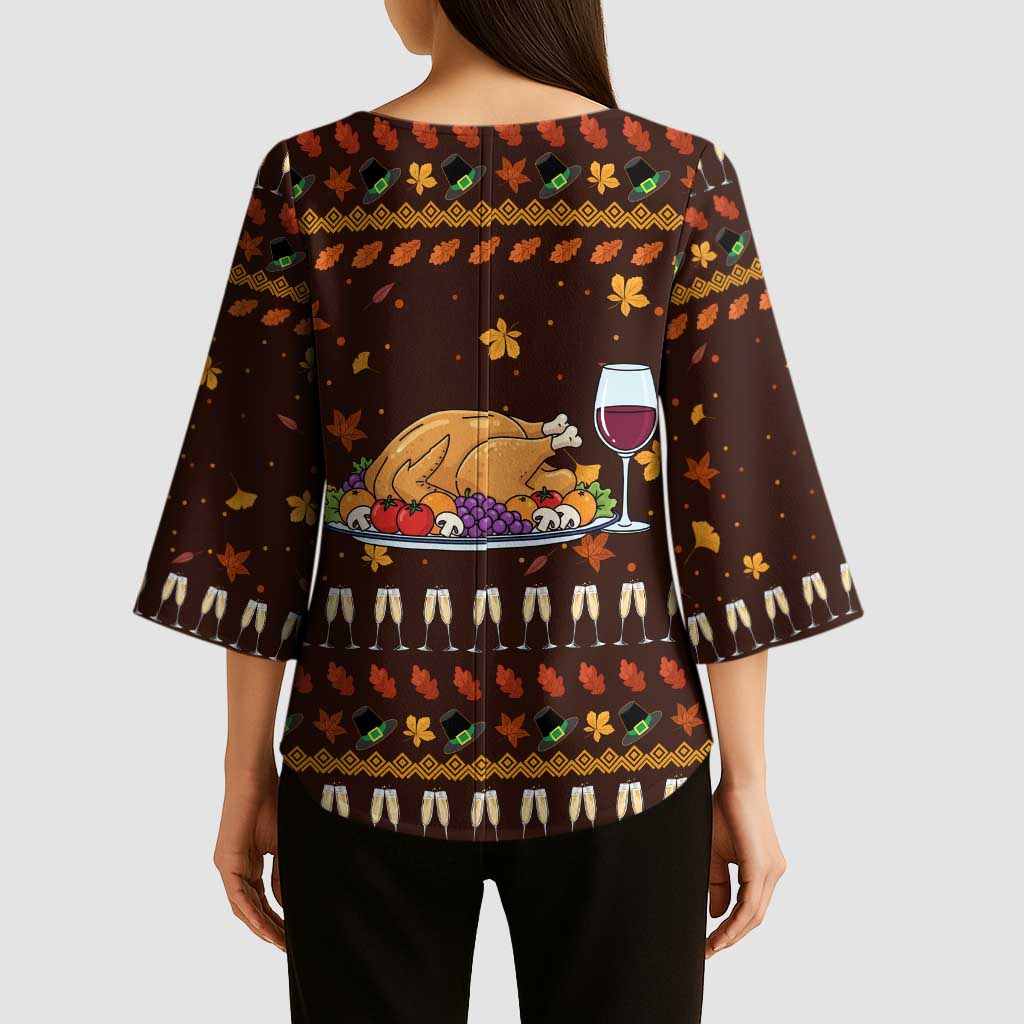 Turkey And WIne Christmas Kimono Sleeve Blouse Xmas Holiday Patterns - Wonder Print Shop