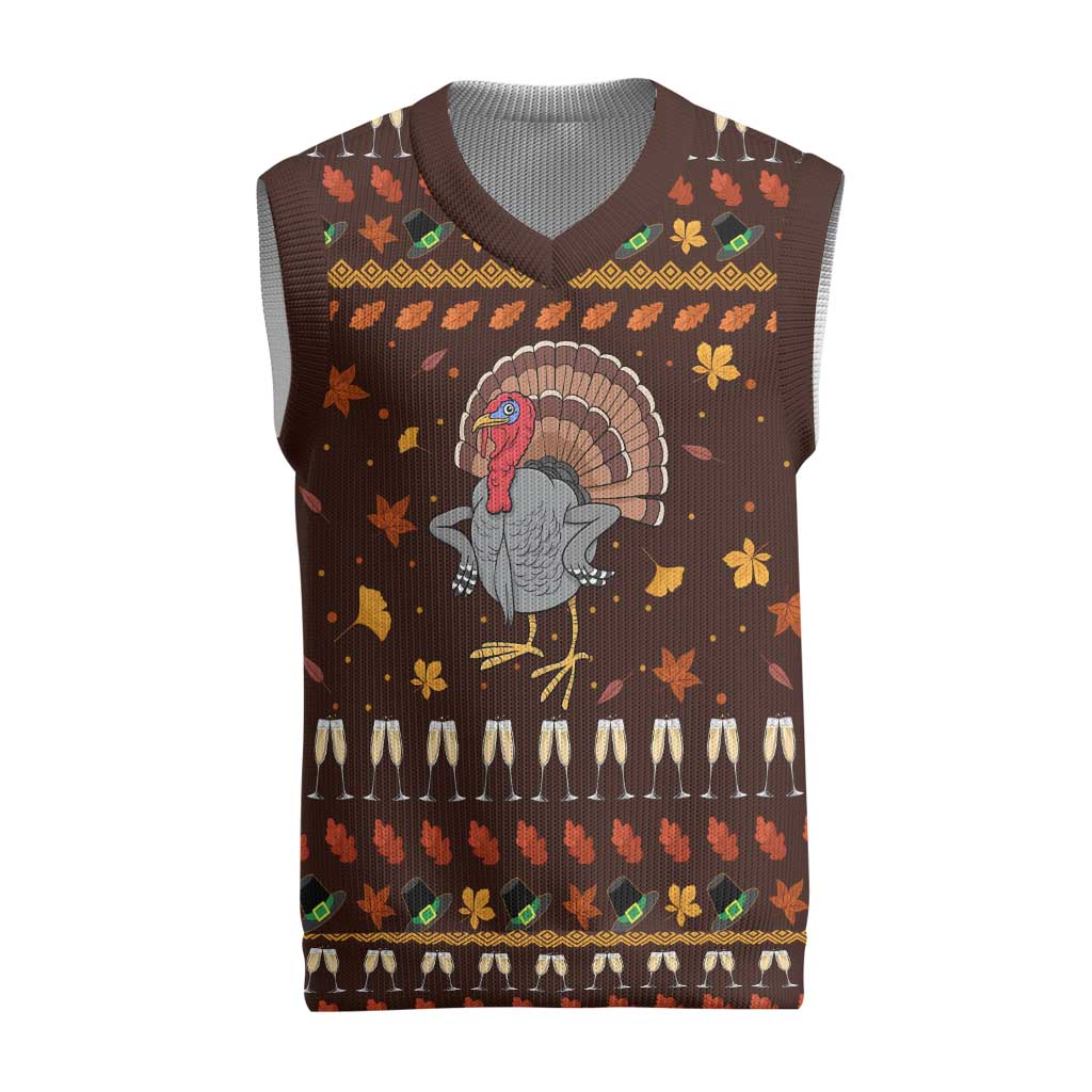 Turkey And WIne Christmas Knitted V-Neck Vest Xmas Holiday Patterns - Wonder Print Shop