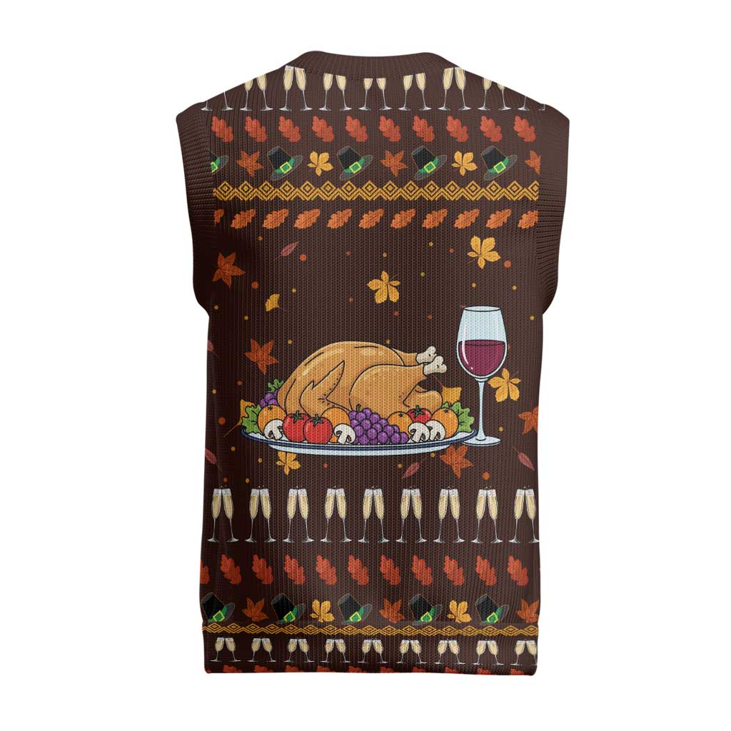 Turkey And WIne Christmas Knitted V-Neck Vest Xmas Holiday Patterns - Wonder Print Shop