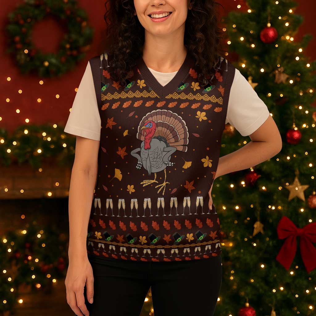 Turkey And WIne Christmas Knitted V-Neck Vest Xmas Holiday Patterns - Wonder Print Shop