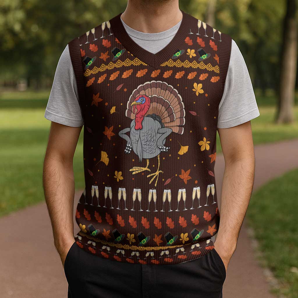 Turkey And WIne Christmas Knitted V-Neck Vest Xmas Holiday Patterns - Wonder Print Shop