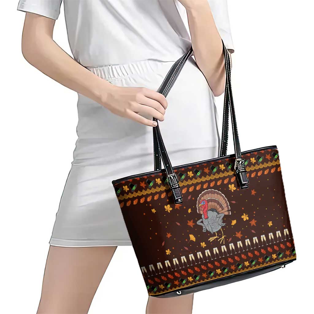 Turkey And WIne Christmas Leather Tote Bag Xmas Holiday Patterns - Wonder Print Shop