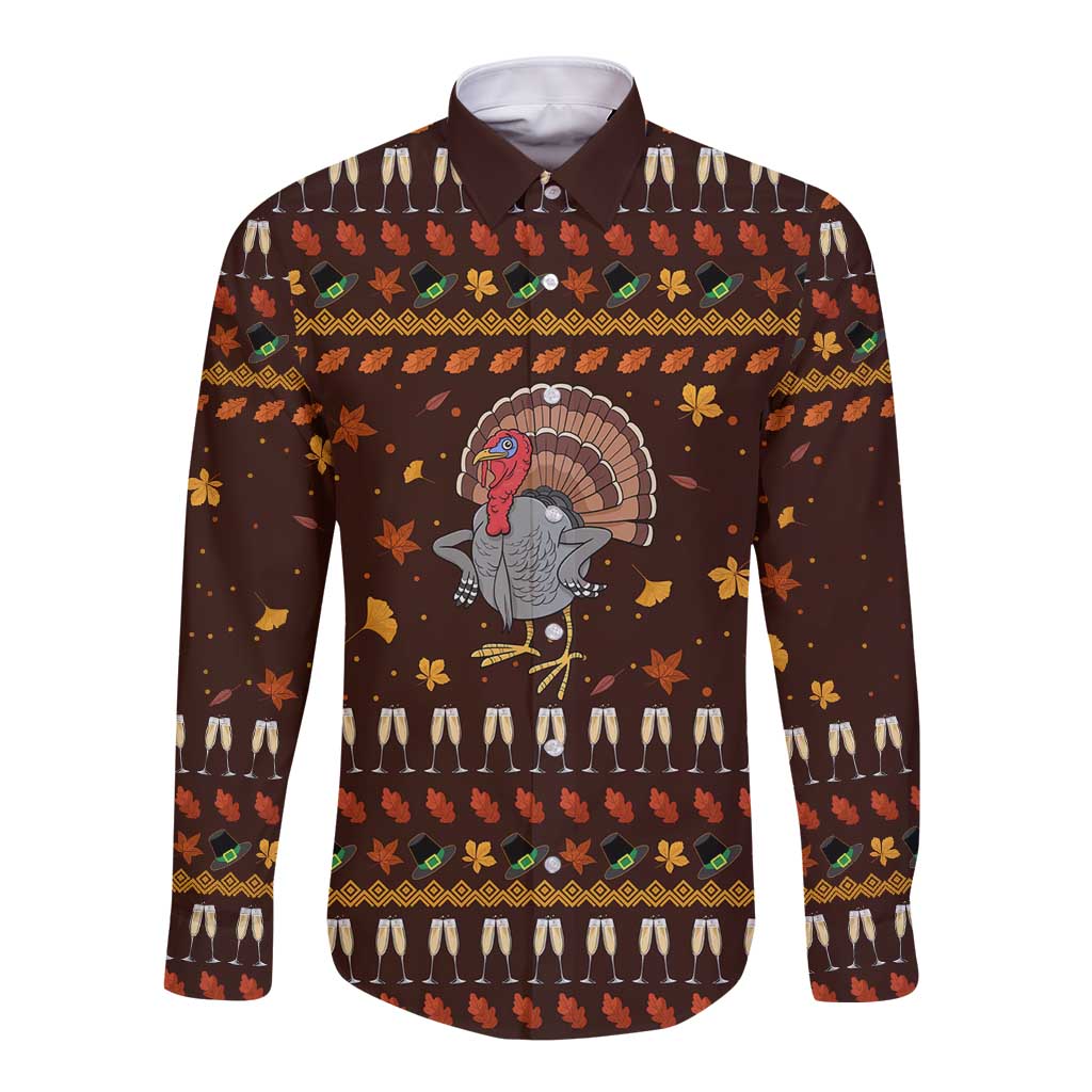 Turkey And WIne Christmas Long Sleeve Button Shirt Xmas Holiday Patterns - Wonder Print Shop