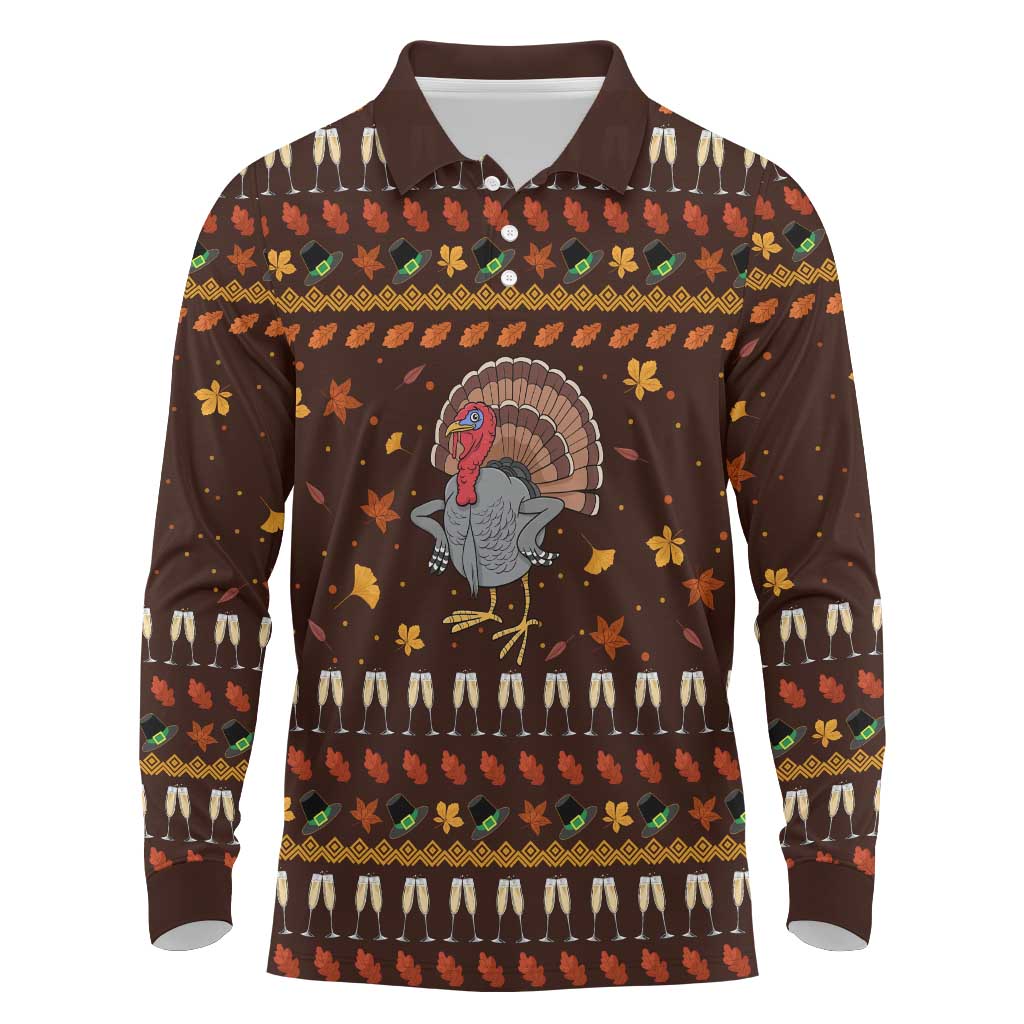 Turkey And WIne Christmas Long Sleeve Polo Shirt Xmas Holiday Patterns - Wonder Print Shop
