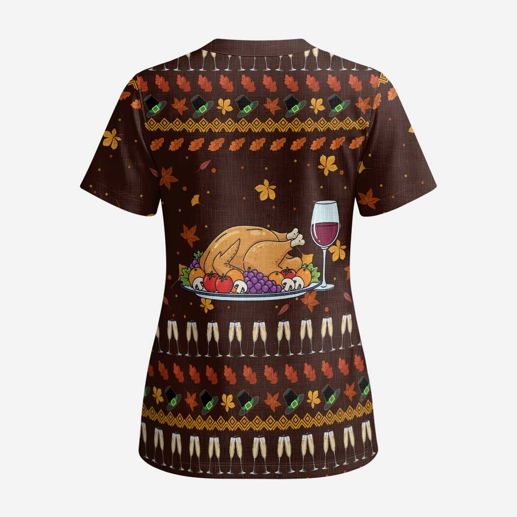 Turkey And WIne Christmas Scrub Top Xmas Holiday Patterns - Wonder Print Shop