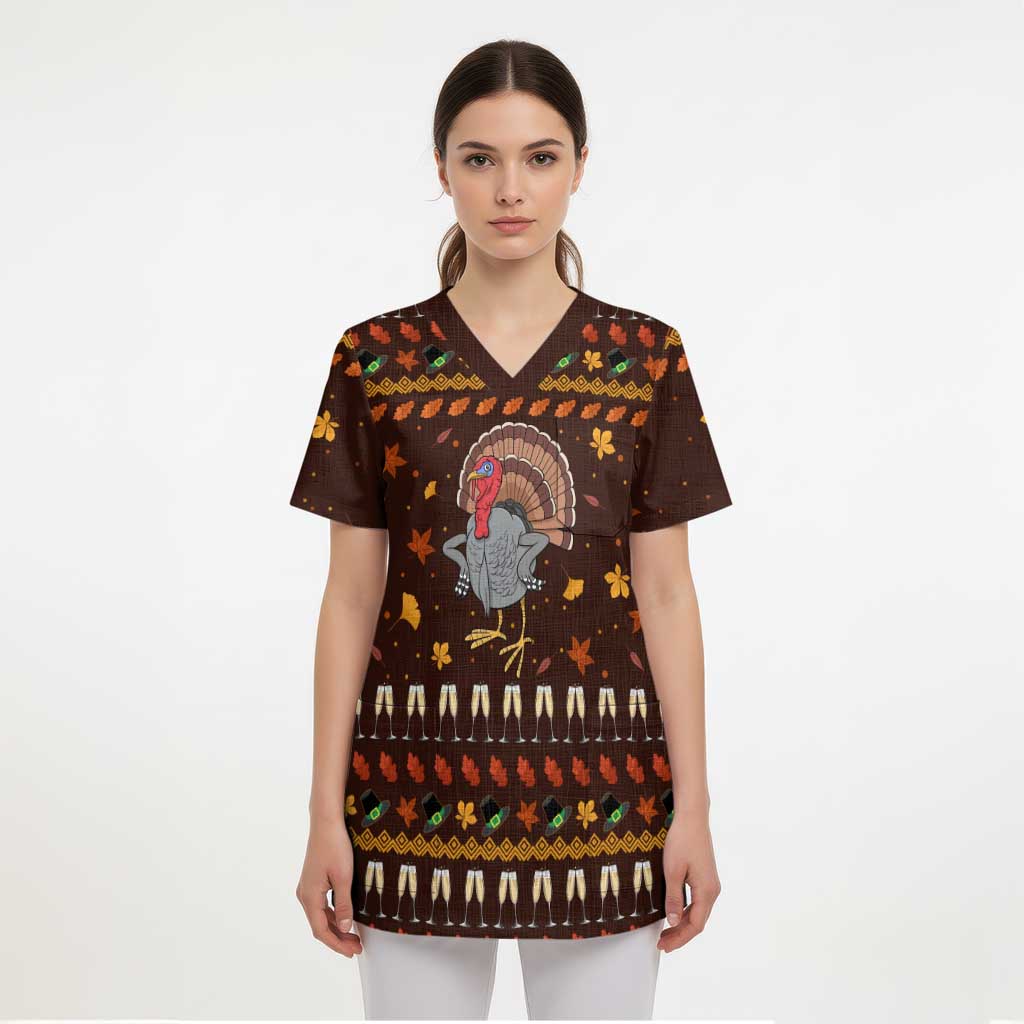 Turkey And WIne Christmas Scrub Top Xmas Holiday Patterns - Wonder Print Shop