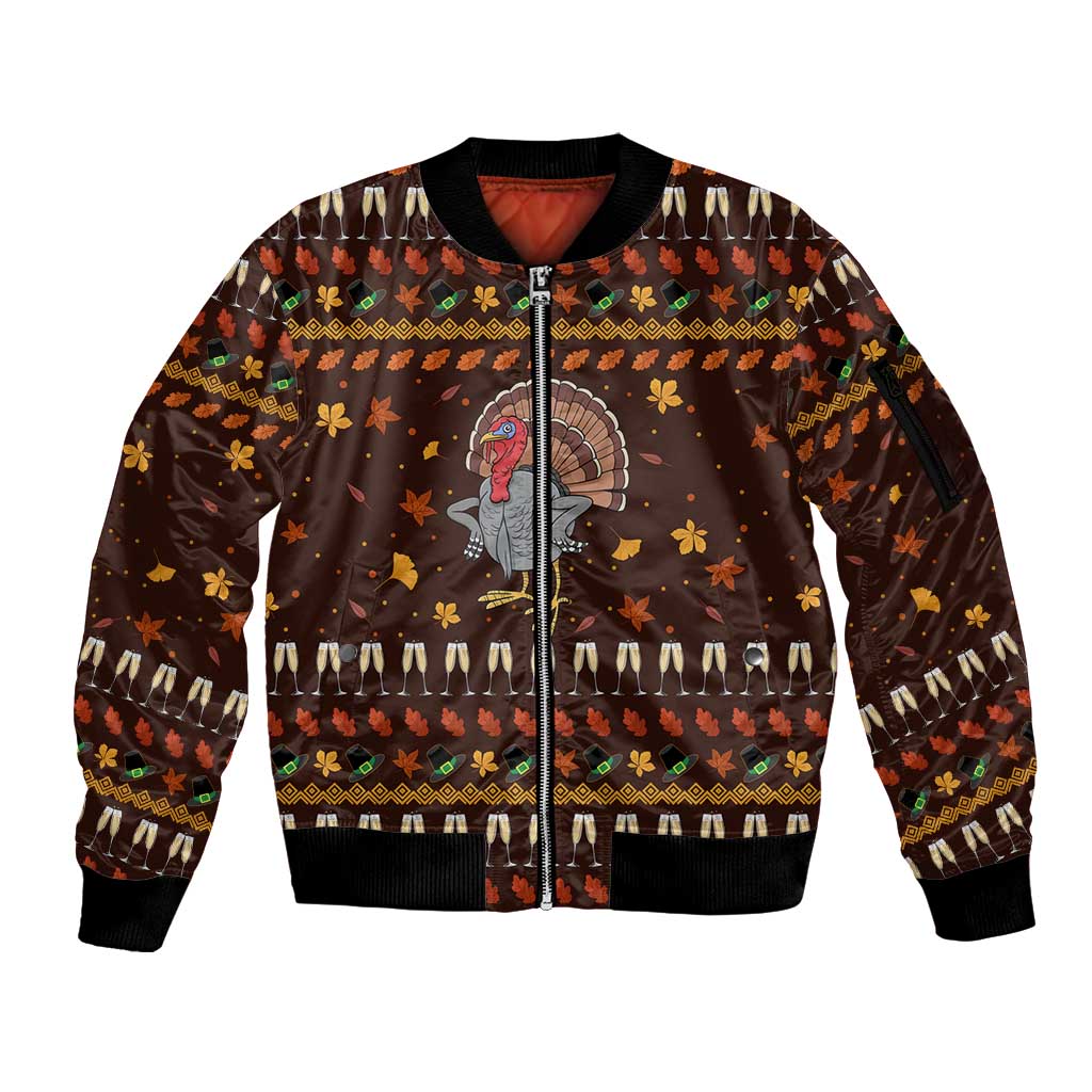 Turkey And WIne Christmas Sleeve Zip Bomber Jacket Xmas Holiday Patterns - Wonder Print Shop