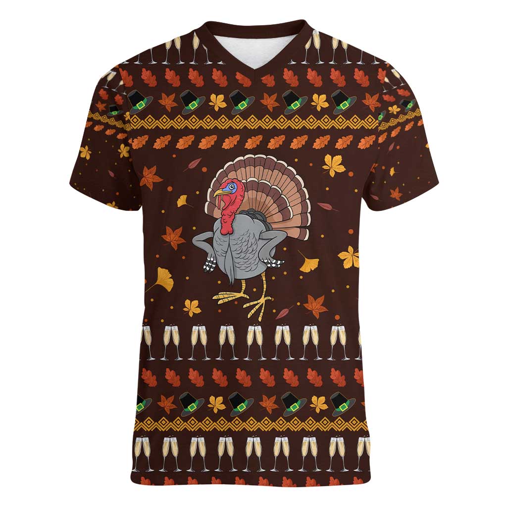 Turkey And WIne Christmas Women V-Neck T-Shirt Xmas Holiday Patterns - Wonder Print Shop
