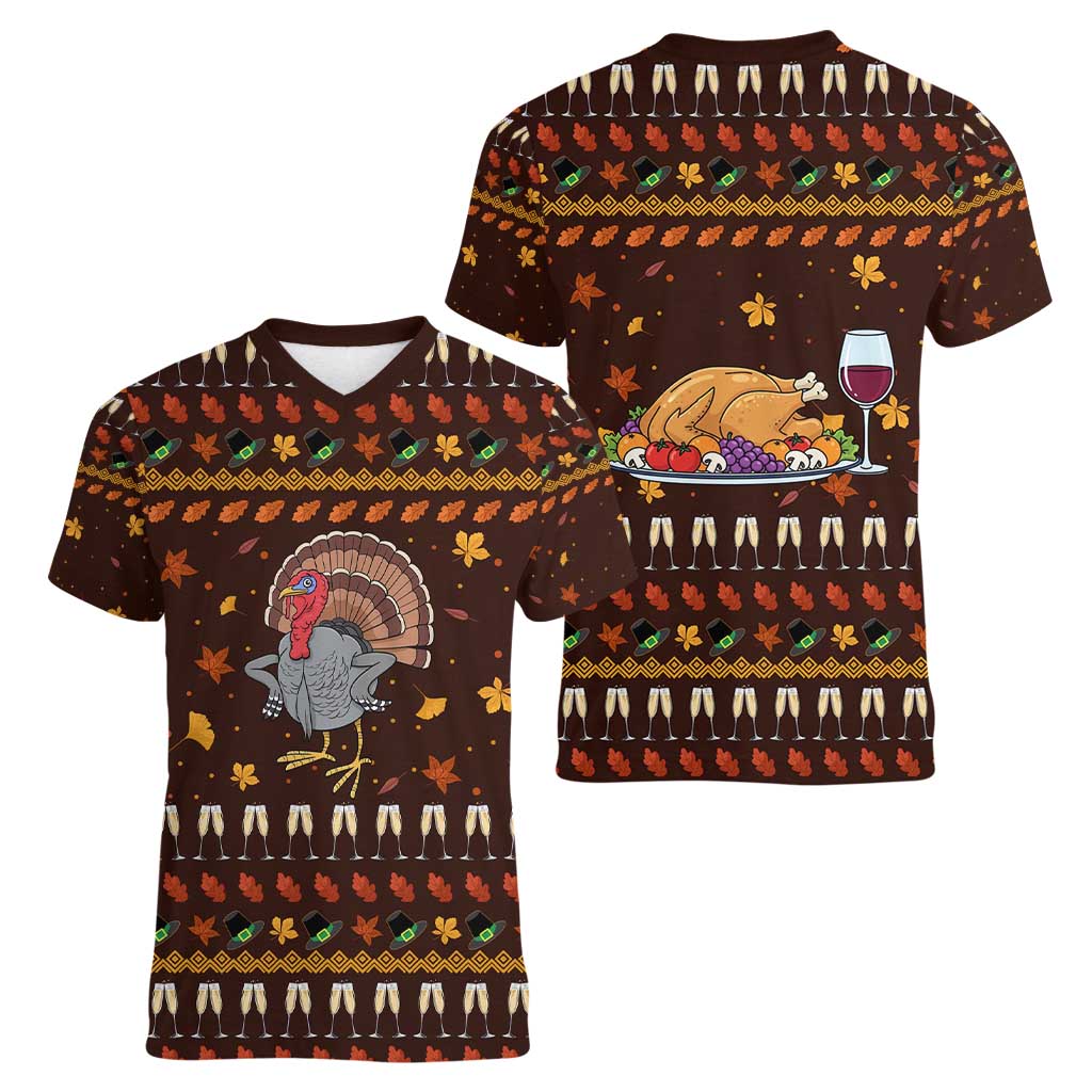 Turkey And WIne Christmas Women V-Neck T-Shirt Xmas Holiday Patterns - Wonder Print Shop