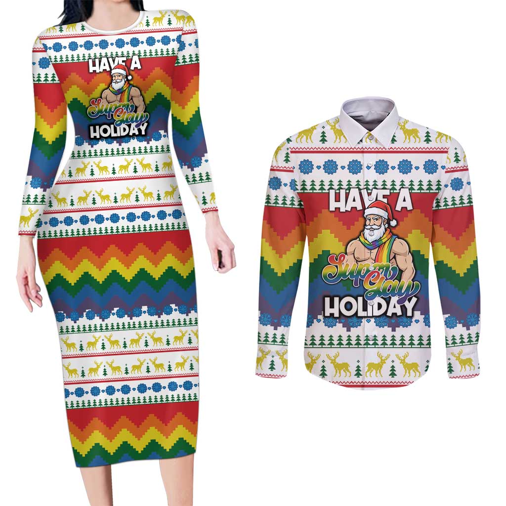 Have A Super Gay Holiday Christmas Couples Matching Long Sleeve Bodycon Dress and Long Sleeve Button Shirt Xmas Holiday Patterns - Wonder Print Shop